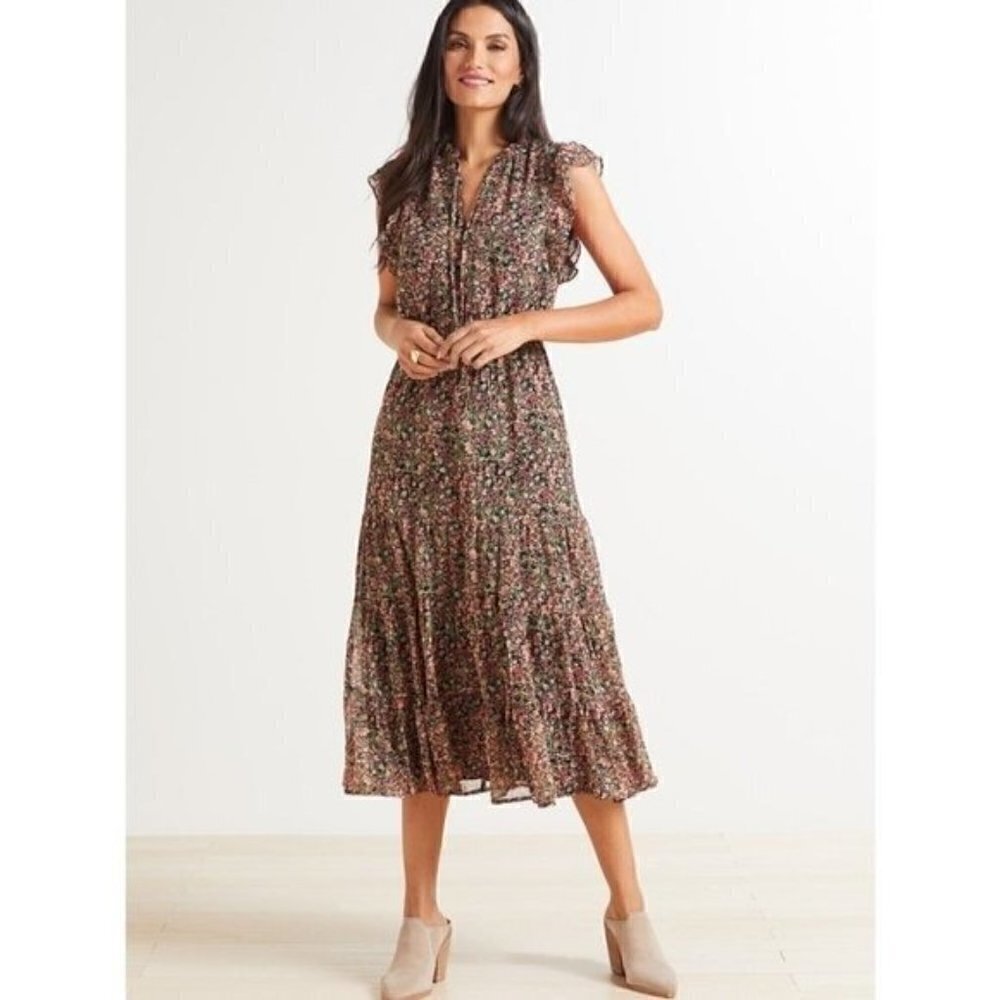 BB Dakota Women's Size XL Darcy Floral Midi Dress Black Floral Keyhole Flutter